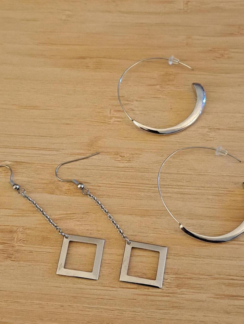 Two Pairs of Modern Silver Earrings - Hoops & Drop Earrings